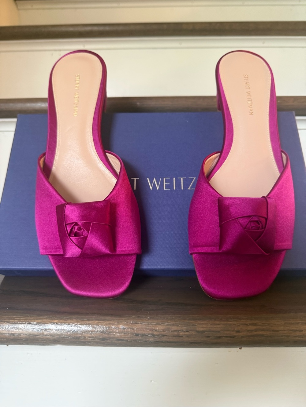 Rosebud Satin Slide Mules in Bright Magenta with Bow Accent